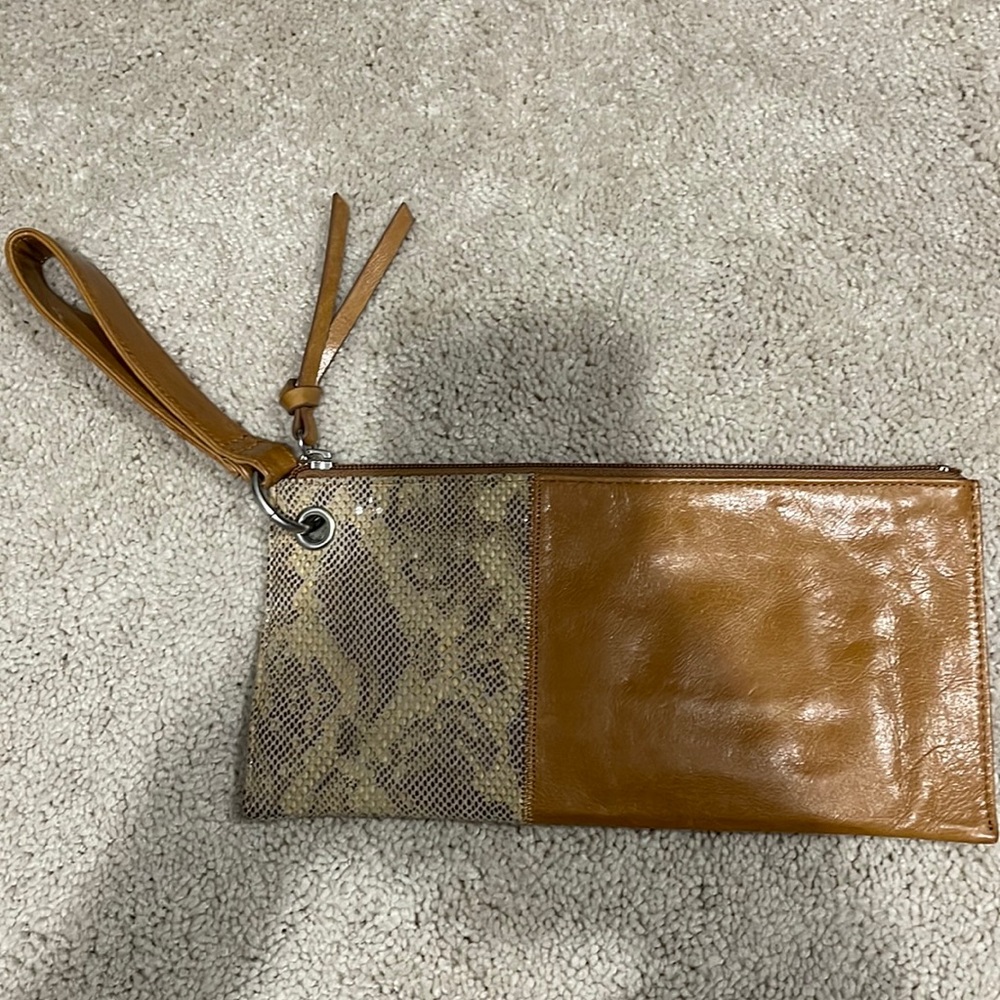 Tan leather and snake skin wristlet